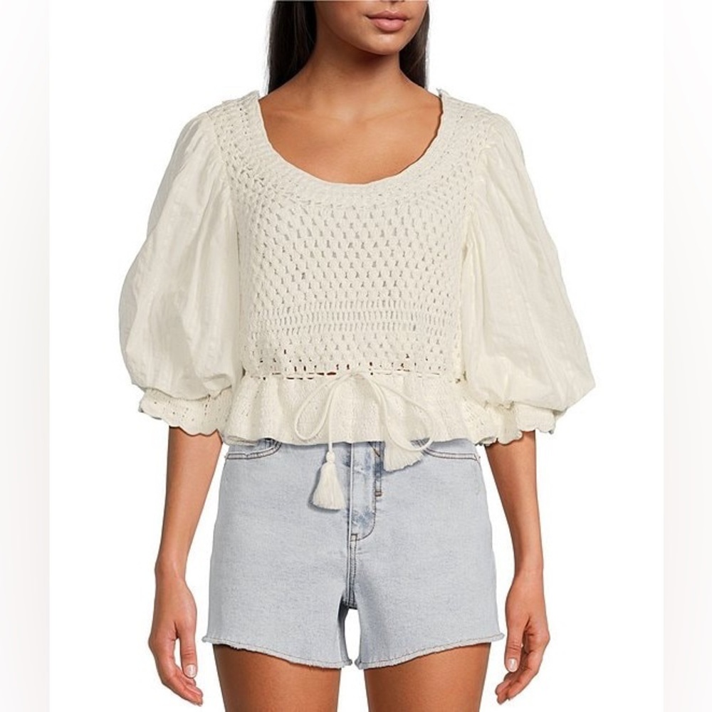 NWT Anthropologie Light Cream Crochet Open Back Crop Top